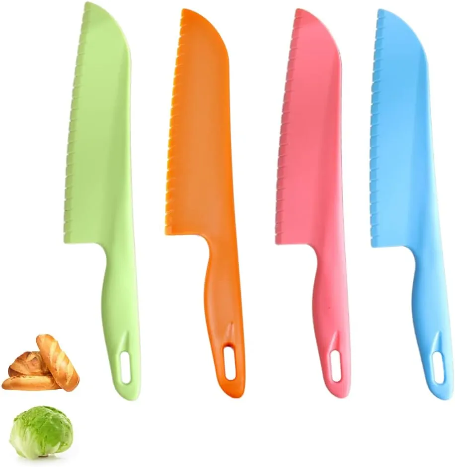 jawbush 11" Plastic Serrated Knives Set to Cut Salad, Bread, Brownies or Lasagna, Professional Large Lettuce Knife to Prevent Browning, Nylon Knife for Nonstick Pans, Durable Chef's Knife, 4 Pcs