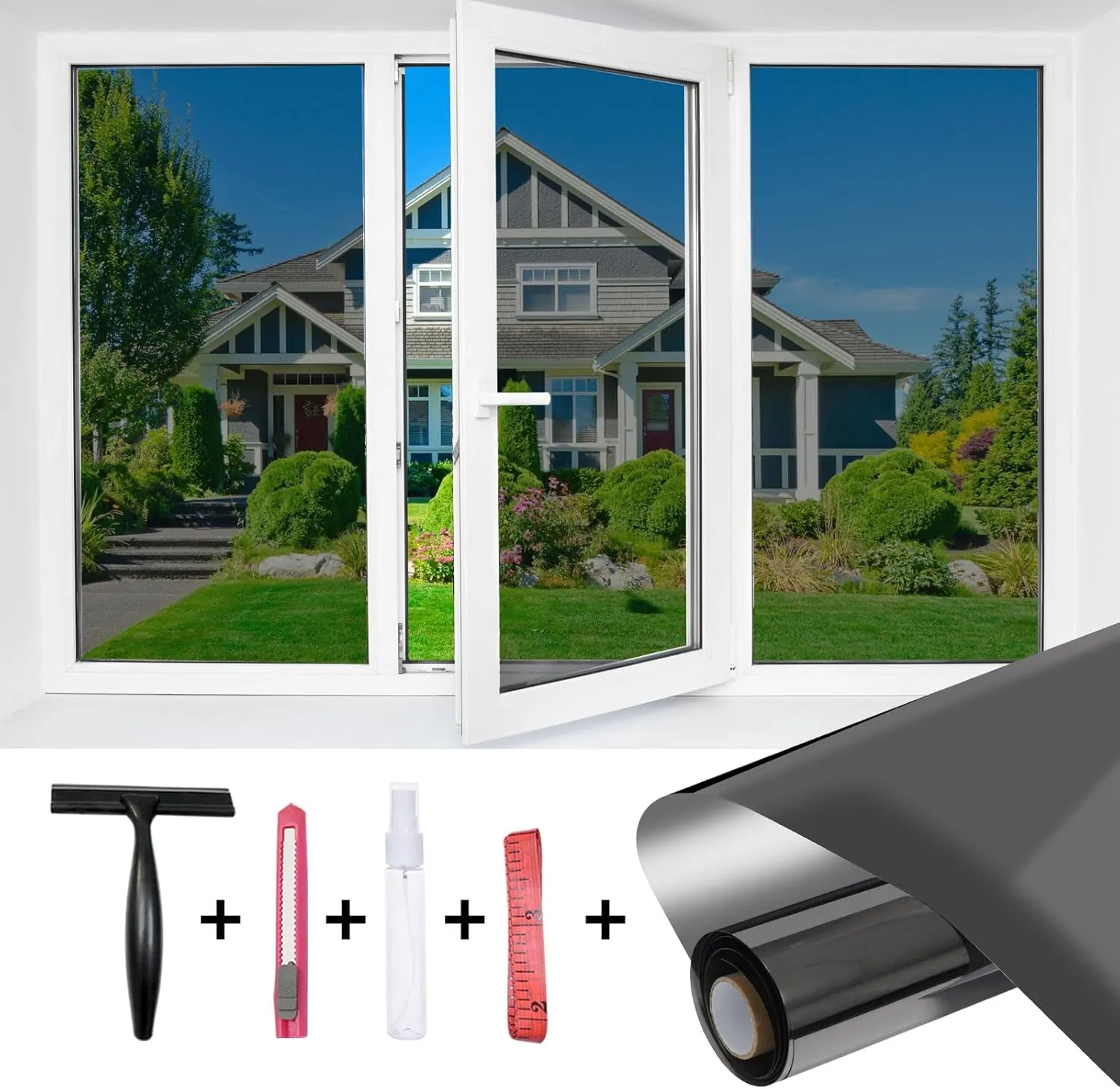 JAYONG Privacy Window Film One Way - Window Tint for Home, Heat Blocking Reflective Mirror Glass Window Film for Bathroom Home Office,Static Cling & Anti UV,Black Silver,17.5 x 196.8 Inch ﻿