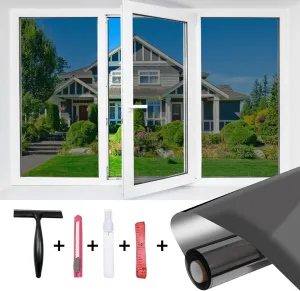 JAYONG Privacy Window Film One Way - Window Tint for Home, Heat Blocking Reflective Mirror Glass Window Film for Bathroom Home Office,Static Cling & Anti UV,Black Silver,17.5 x 196.8 Inch ﻿