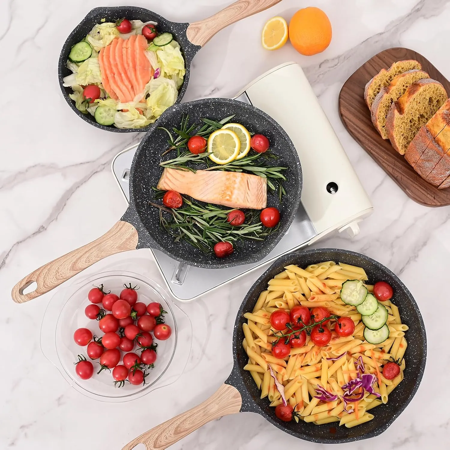 JEETEE Nonstick Frying Pans Set, Nonstick Omelette Skillet Set 3 Pcs, 8" 9.5" 11" Granite Non-Stick Frying pan with Bakelite Handle, Compatible with All Stovetops (Gas, Electric & Induction), Grey