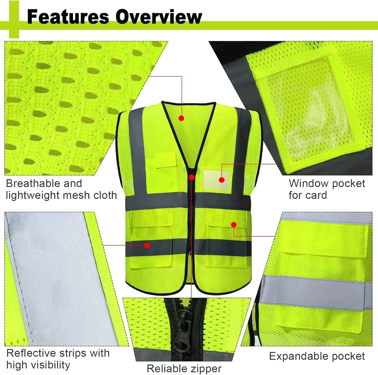 JenPen 10 Pieces Reflective Safety Vests with Pockets and Zipper, High Visibility Mesh Construction Vest for Men Women