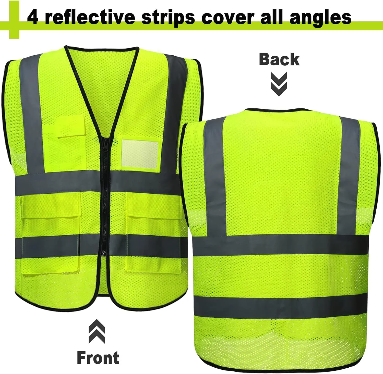 JenPen 10 Pieces Reflective Safety Vests with Pockets and Zipper, High Visibility Mesh Construction Vest for Men Women