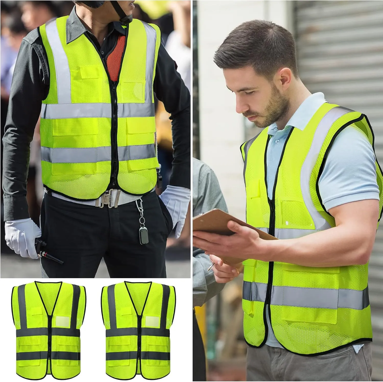 JenPen 10 Pieces Reflective Safety Vests with Pockets and Zipper, High Visibility Mesh Construction Vest for Men Women