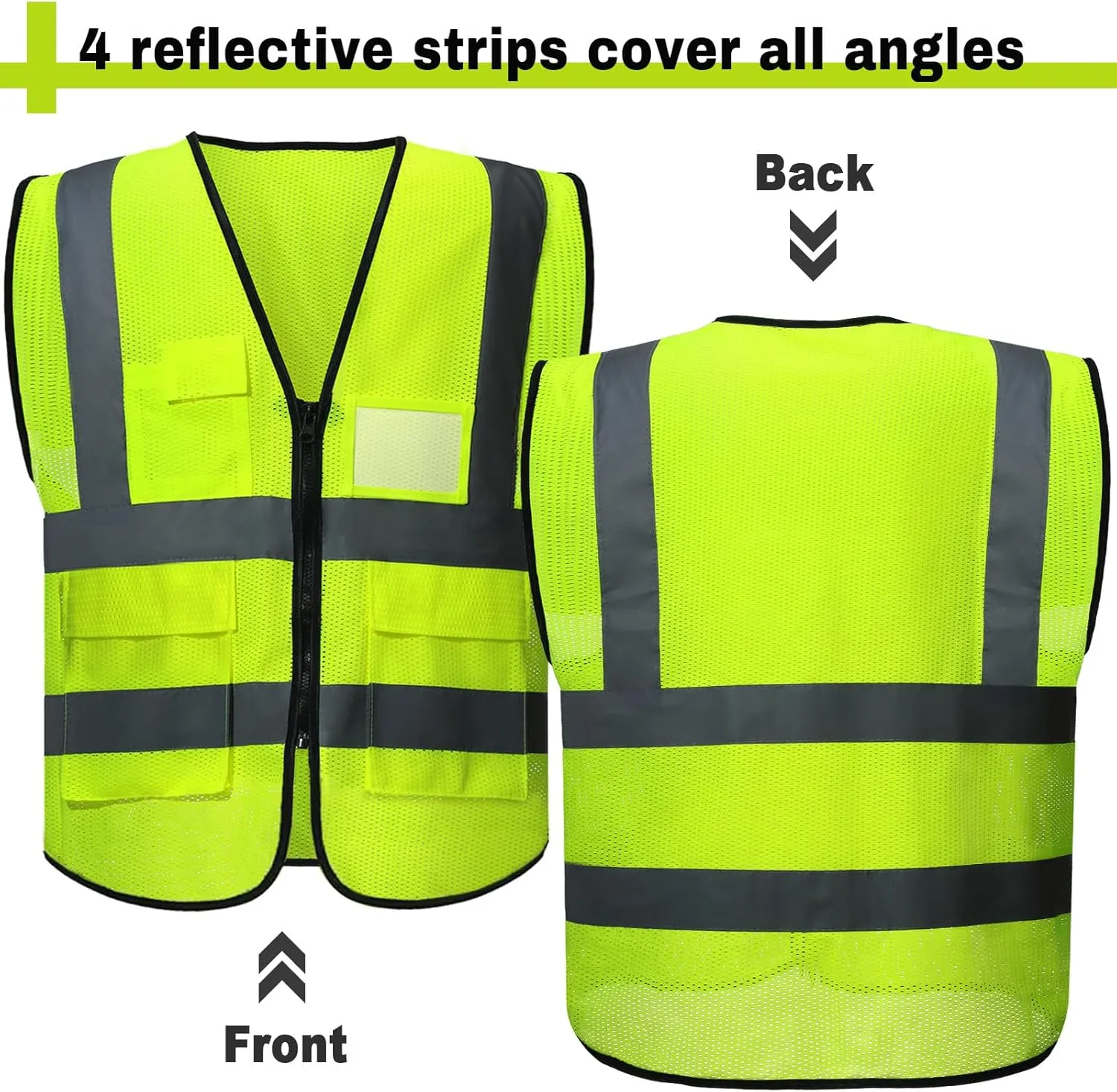 JenPen 10 Pieces Reflective Safety Vests with Pockets and Zipper, High Visibility Mesh Construction Vest for Men Women