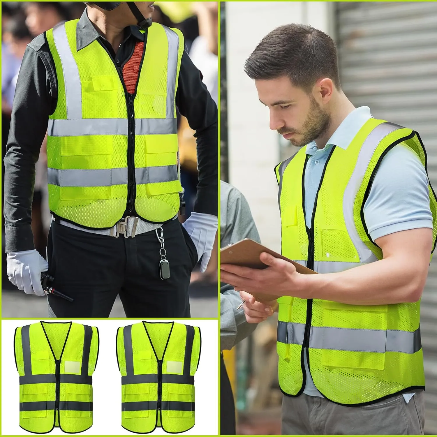 JenPen 10 Pieces Reflective Safety Vests with Pockets and Zipper, High Visibility Mesh Construction Vest for Men Women