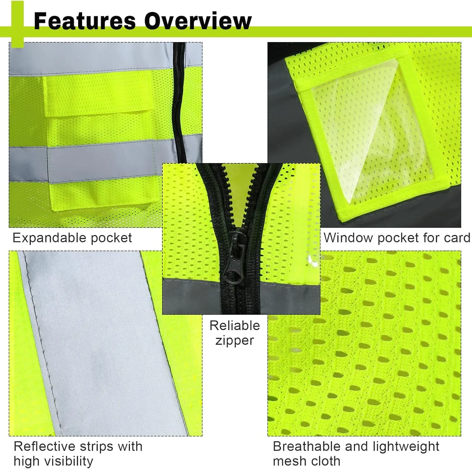 JenPen 10 Pieces Reflective Safety Vests with Pockets and Zipper, High Visibility Mesh Construction Vest for Men Women