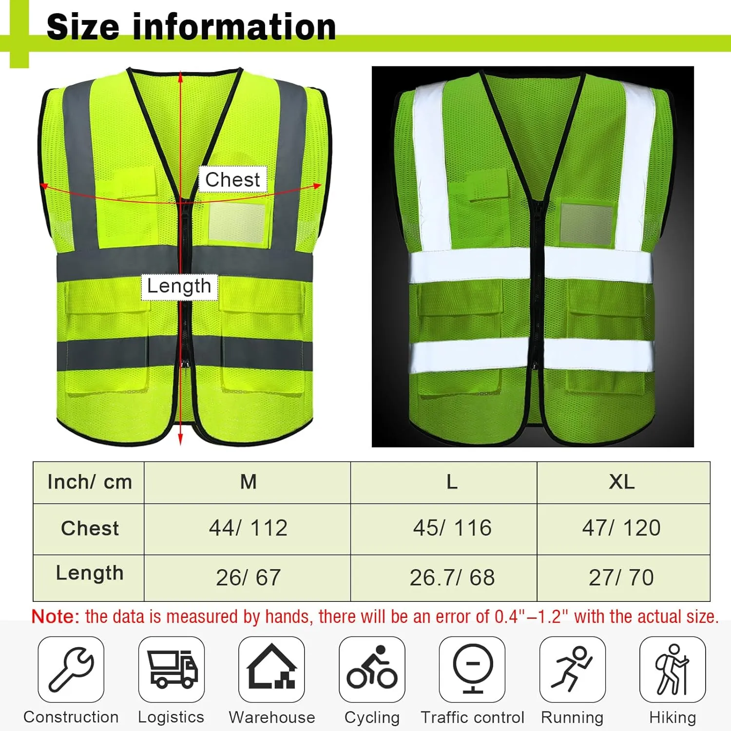 JenPen 10 Pieces Reflective Safety Vests with Pockets and Zipper, High Visibility Mesh Construction Vest for Men Women