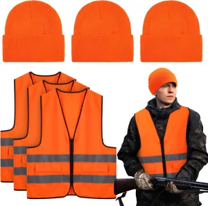 Jiuguva 6 Pcs Blaze Orange Vest Hunting Hat Vest and Cap for Men Women Outdoor Sports Traffic Works Fishing