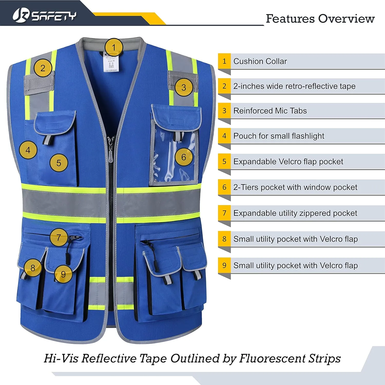 JKSafety 10 Pockets Hi-Vis Zipper Front Fluorescent Blue Safety Vest | Cushioned Collar | High Reflective Tapes with Extended Neon Yellow Strips | Meets ANSI/ISEA Standards (XX-Large, 89-Blue)