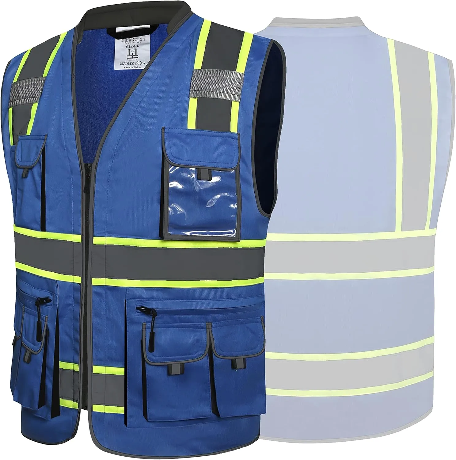 JKSafety 10 Pockets Hi-Vis Zipper Front Fluorescent Blue Safety Vest | Cushioned Collar | High Reflective Tapes with Extended Neon Yellow Strips | Meets ANSI/ISEA Standards (XX-Large, 89-Blue)