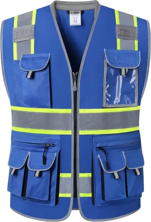 JKSafety 10 Pockets Hi-Vis Zipper Front Fluorescent Blue Safety Vest | Cushioned Collar | High Reflective Tapes with Extended Neon Yellow Strips | Meets ANSI/ISEA Standards (XX-Large, 89-Blue)