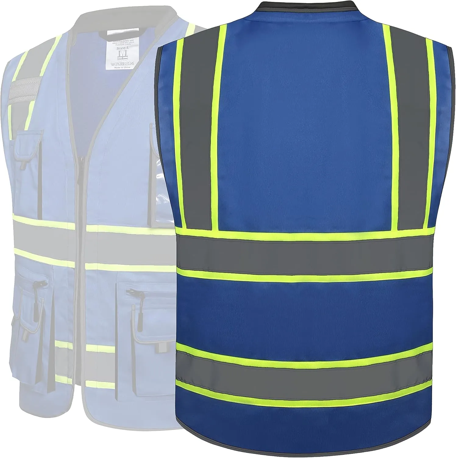 JKSafety 10 Pockets Hi-Vis Zipper Front Fluorescent Blue Safety Vest | Cushioned Collar | High Reflective Tapes with Extended Neon Yellow Strips | Meets ANSI/ISEA Standards (XX-Large, 89-Blue)