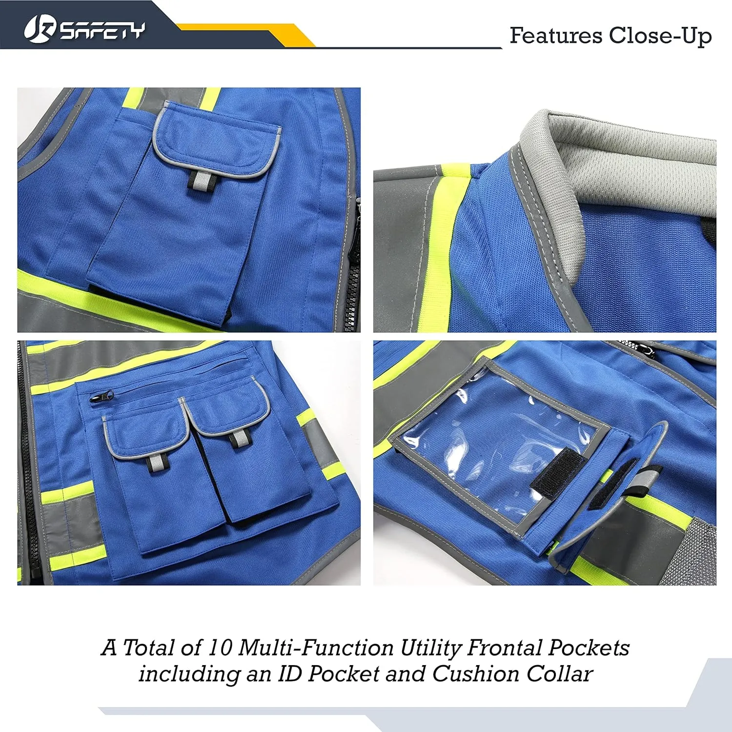 JKSafety 10 Pockets Hi-Vis Zipper Front Fluorescent Blue Safety Vest | Cushioned Collar | High Reflective Tapes with Extended Neon Yellow Strips | Meets ANSI/ISEA Standards (XX-Large, 89-Blue)