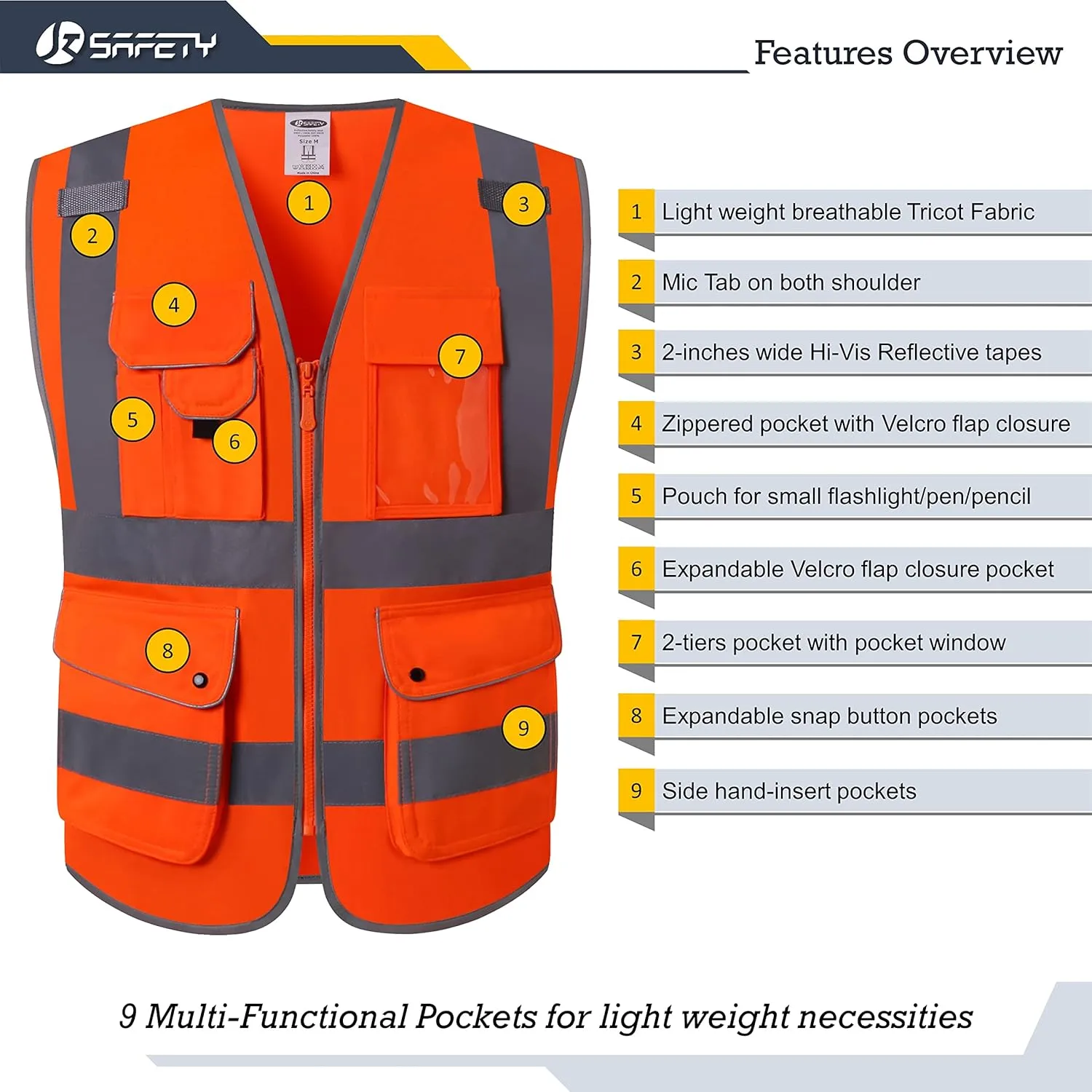 JKSafety 9 Pockets Class 2 High Visibility Zipper Front Safety Vest With Reflective Strips,Meets ANSI/ISEA Standard (150 Orange L)