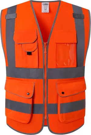 JKSafety 9 Pockets Class 2 High Visibility Zipper Front Safety Vest With Reflective Strips,Meets ANSI/ISEA Standard (150 Orange L)