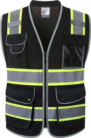 JKSafety 9 Pockets Hi-Vis Black Safety Vest for Men Women High Visibility Reflective Construction Mesh Fabric Cushioned Collar Work Utility PPE Work Gear ANSI/ISEA compliant (101-Black L)