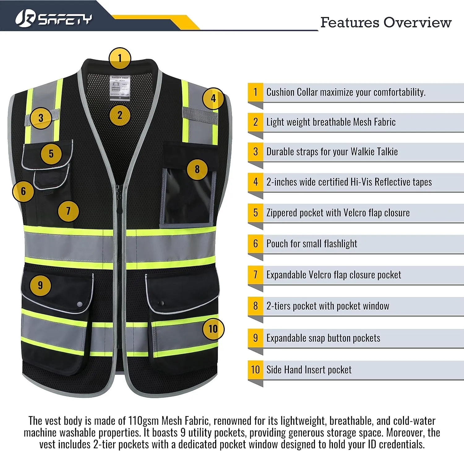 JKSafety 9 Pockets Hi-Vis Black Safety Vest for Men Women High Visibility Reflective Construction Mesh Fabric Cushioned Collar Work Utility PPE Work Gear ANSI/ISEA compliant (101-Black L)