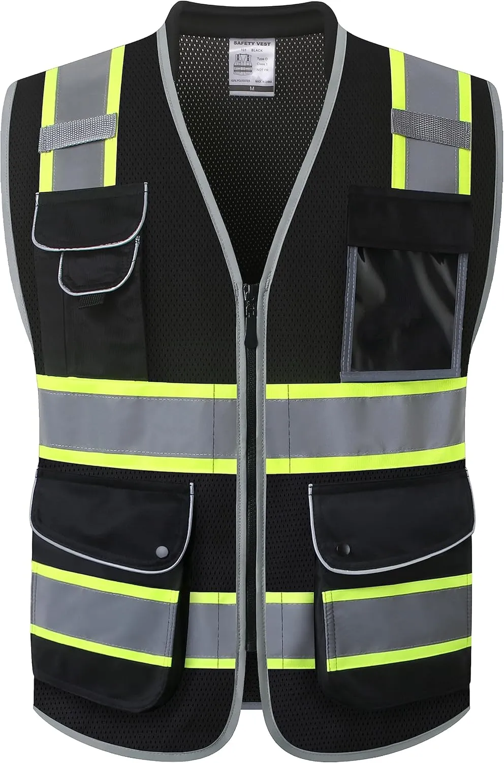 JKSafety 9 Pockets Hi-Vis Black Safety Vest for Men Women High Visibility Reflective Construction Mesh Fabric Cushioned Collar Work Utility PPE Work Gear ANSI/ISEA compliant (101-Black L)