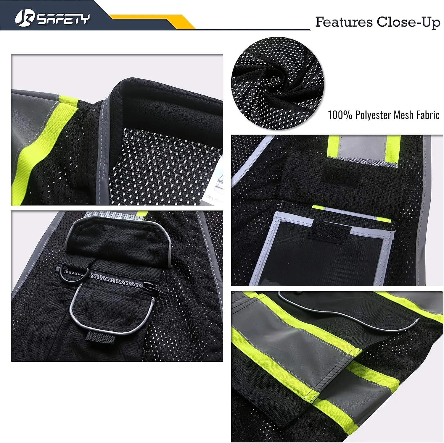 JKSafety 9 Pockets Hi-Vis Black Safety Vest for Men Women High Visibility Reflective Construction Mesh Fabric Cushioned Collar Work Utility PPE Work Gear ANSI/ISEA compliant (101-Black L)