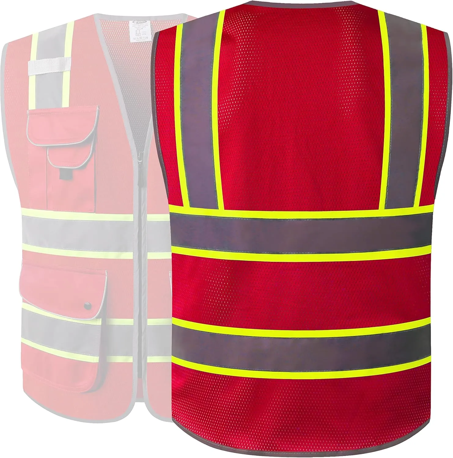 JKSafety 9 Pockets Hi-Vis Neon Red Zipper Front MESH Safety Vest with Fluorescent Yellow Extend Edge outlining the Reflective Tapes Meet ANSI/ISEA Class 2 Standard (100-Red, XX-Large)