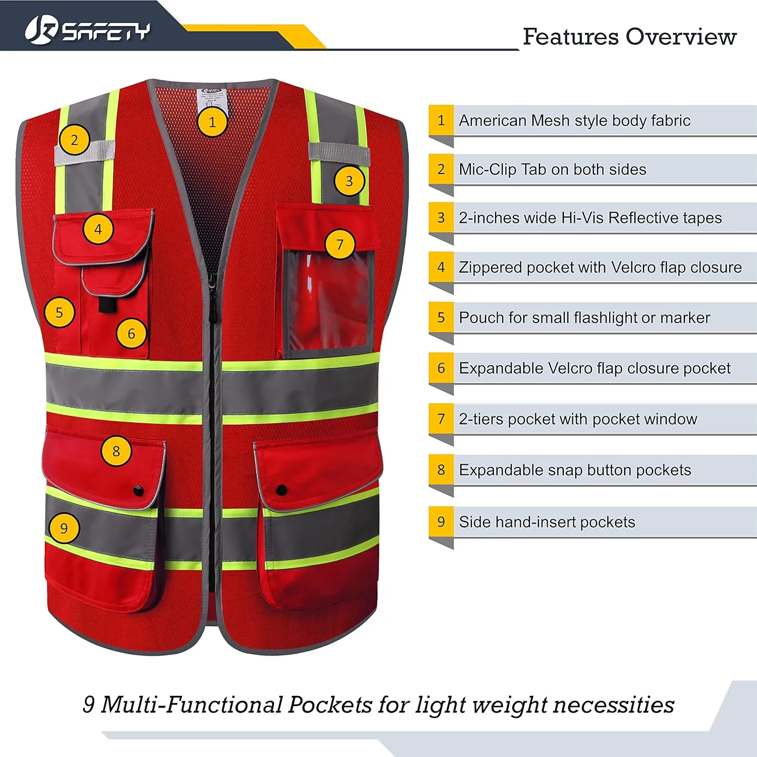 JKSafety 9 Pockets Hi-Vis Neon Red Zipper Front MESH Safety Vest with Fluorescent Yellow Extend Edge outlining the Reflective Tapes Meet ANSI/ISEA Class 2 Standard (100-Red, XX-Large)