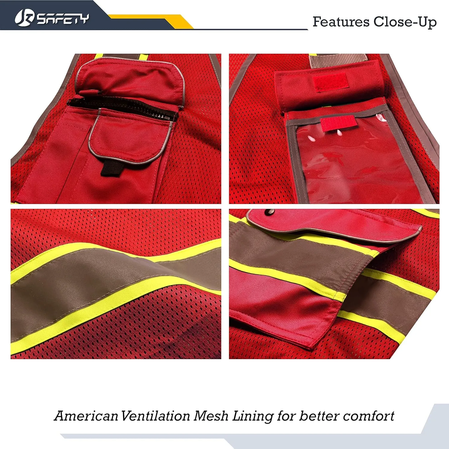 JKSafety 9 Pockets Hi-Vis Neon Red Zipper Front MESH Safety Vest with Fluorescent Yellow Extend Edge outlining the Reflective Tapes Meet ANSI/ISEA Class 2 Standard (100-Red, XX-Large)