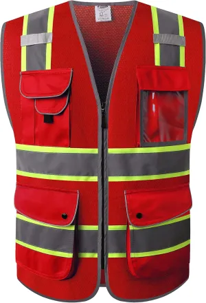 JKSafety 9 Pockets Hi-Vis Neon Red Zipper Front MESH Safety Vest with Fluorescent Yellow Extend Edge outlining the Reflective Tapes Meet ANSI/ISEA Class 2 Standard (100-Red, XX-Large)
