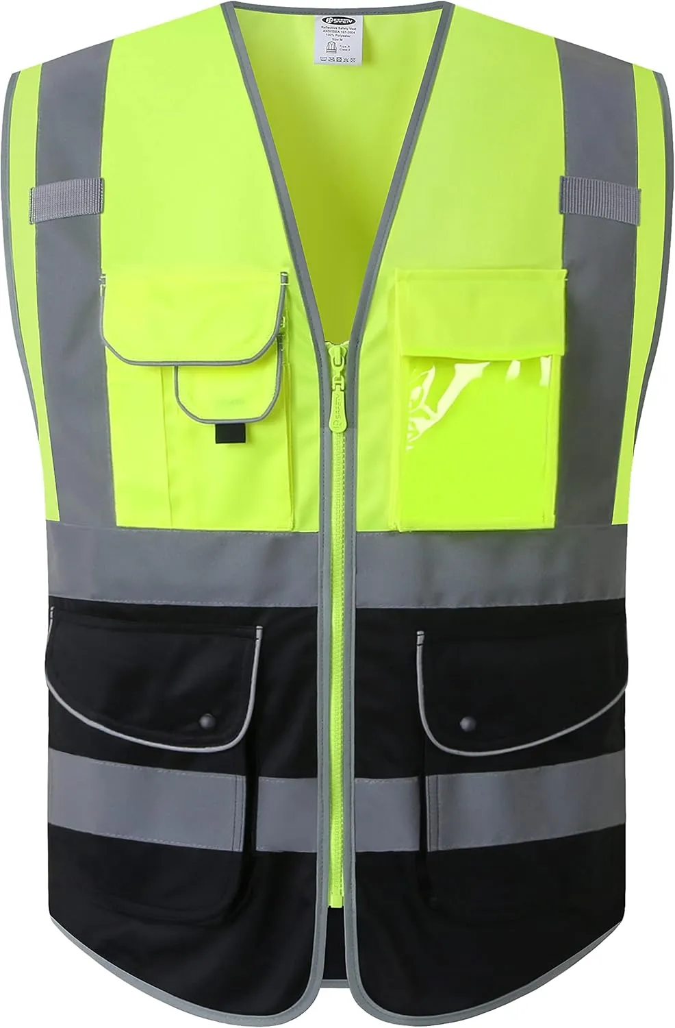 JKSafety 9 Pockets High Visible Reflective Safety Vest Zipper Front Breathable Lining, Yellow-Black Meets ANSI/ISEA Standards(150-Yellow-Black M