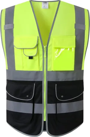 JKSafety 9 Pockets High Visible Reflective Safety Vest Zipper Front Breathable Lining, Yellow-Black Meets ANSI/ISEA Standards(150-Yellow-Black M