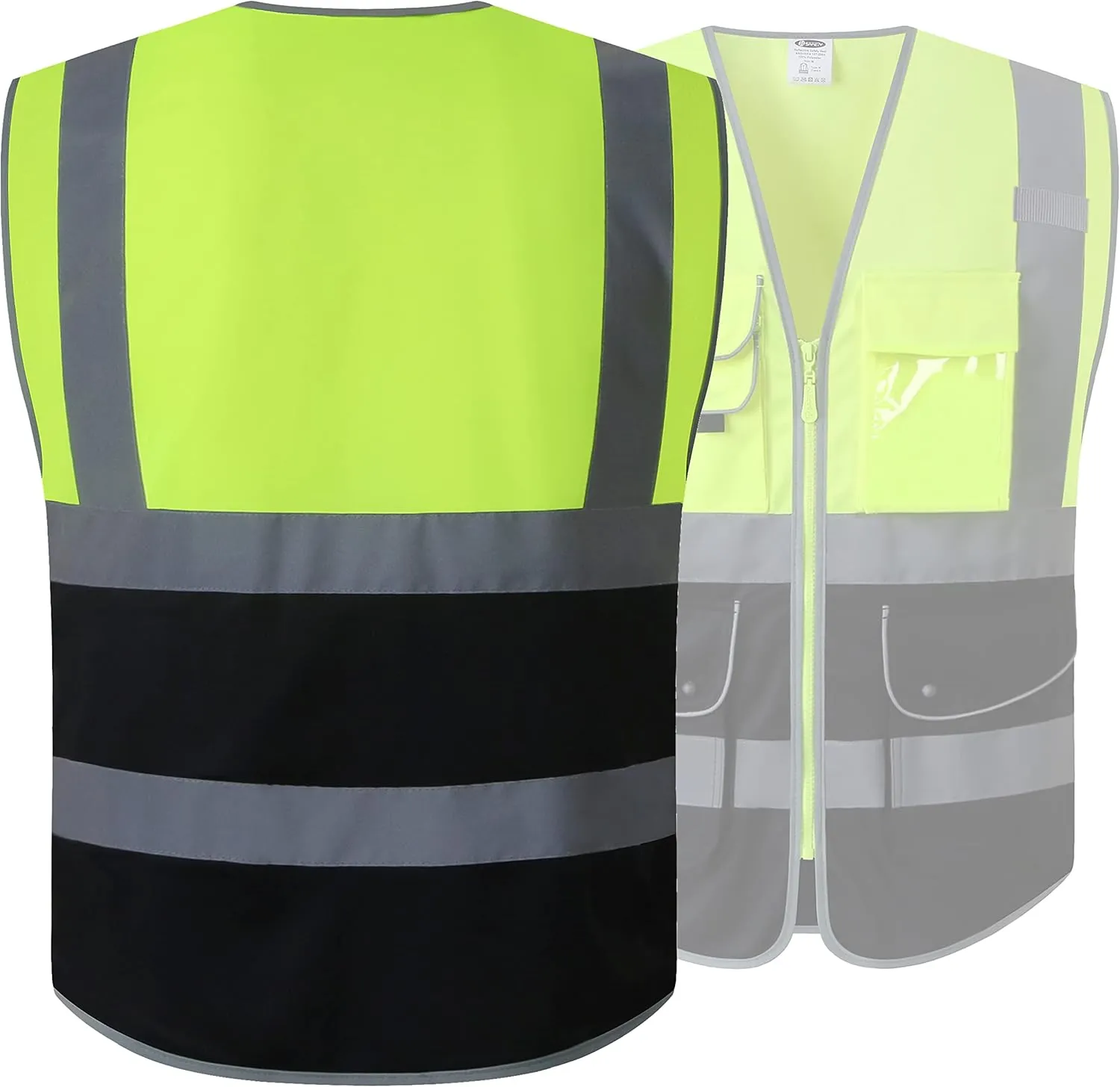 JKSafety 9 Pockets High Visible Reflective Safety Vest Zipper Front Breathable Lining, Yellow-Black Meets ANSI/ISEA Standards(150-Yellow-Black M