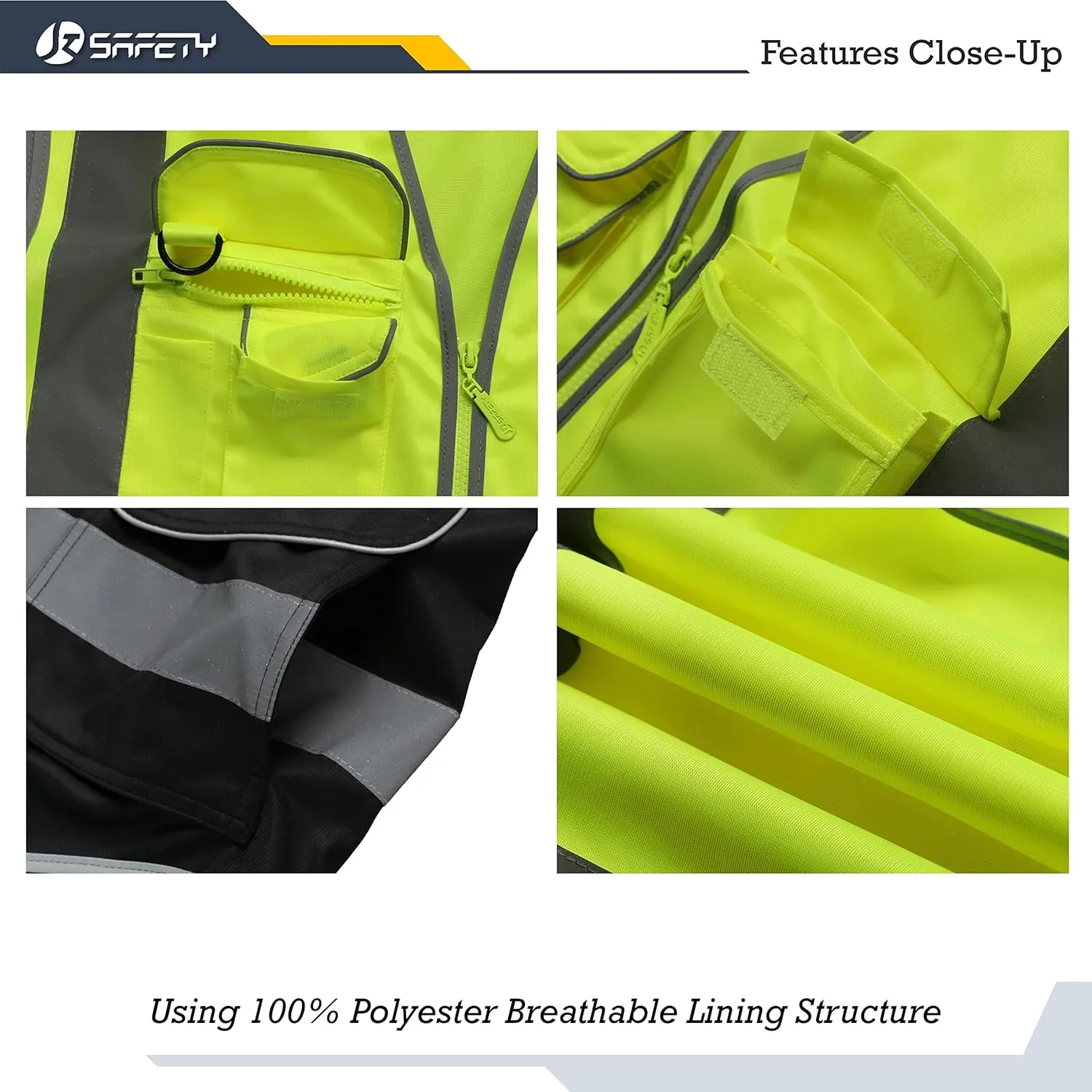 JKSafety 9 Pockets High Visible Reflective Safety Vest Zipper Front Breathable Lining, Yellow-Black Meets ANSI/ISEA Standards(150-Yellow-Black M