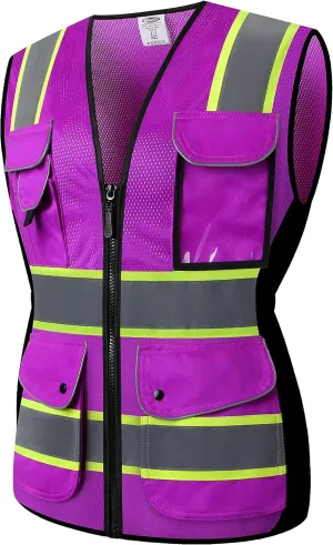 JKSafety Women Hi-Vis Reflective Safety Vest | Neon Color body Sewed Reflective Strips Breathable Lightweight ANSI Compliant