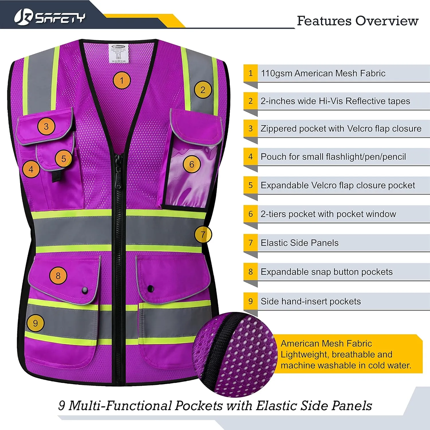 JKSafety Women Hi-Vis Reflective Safety Vest | Neon Color body Sewed Reflective Strips Breathable Lightweight ANSI Compliant