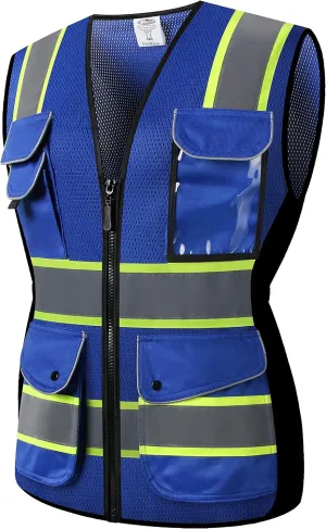 JKSafety Women Hi-Vis Reflective Safety Vest | Neon Color body Sewed Reflective Strips Breathable Lightweight ANSI Compliant