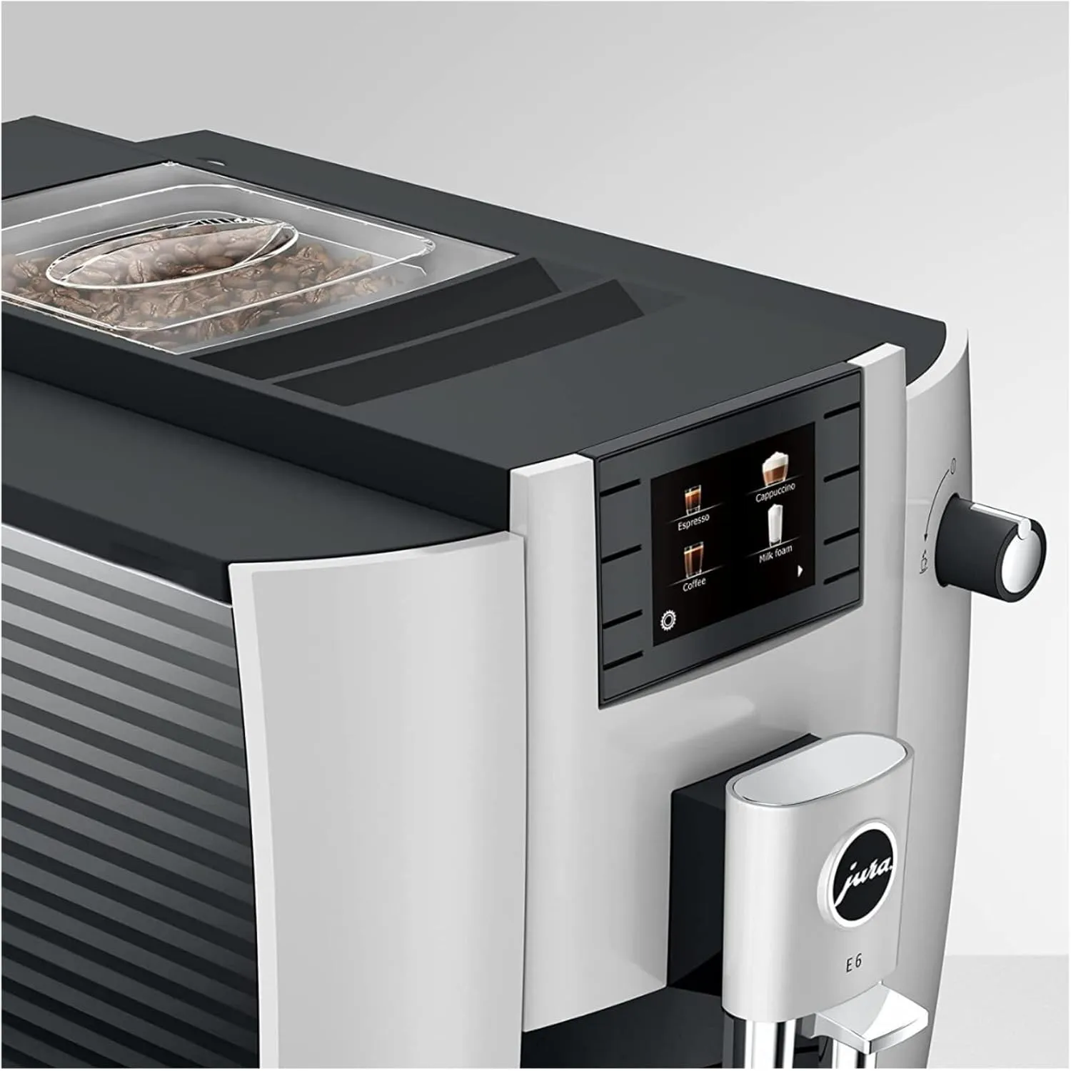 Jura E6 Automatic, Affordable Espresso Machine with Programmable Coffee Strength (Platinum) Bundle with Smart Filter Cartridge, Cleaning Tablets, Coffee Beans Bag, and Glass Milk Container (5 Items)