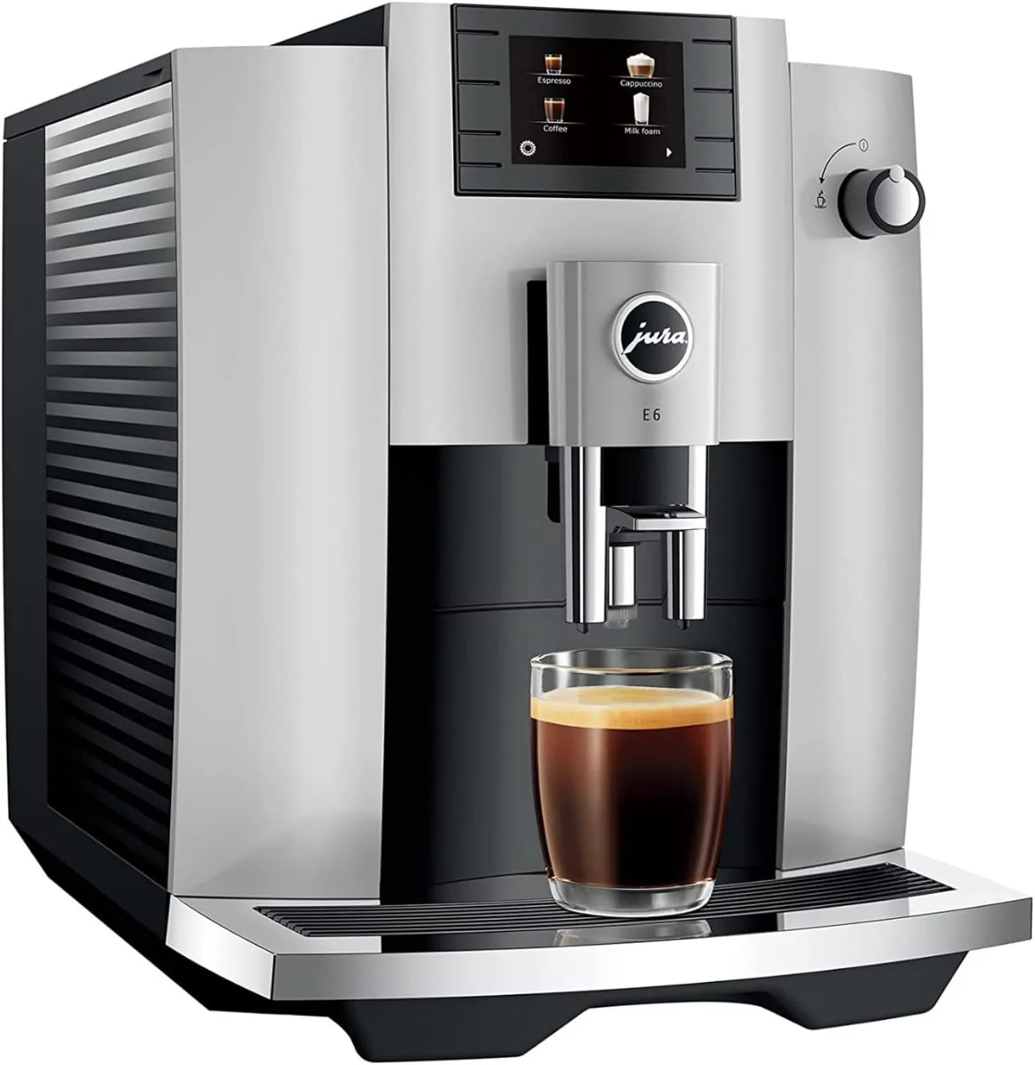 Jura E6 Automatic, Affordable Espresso Machine with Programmable Coffee Strength (Platinum) Bundle with Smart Filter Cartridge, Cleaning Tablets, Coffee Beans Bag, and Glass Milk Container (5 Items)