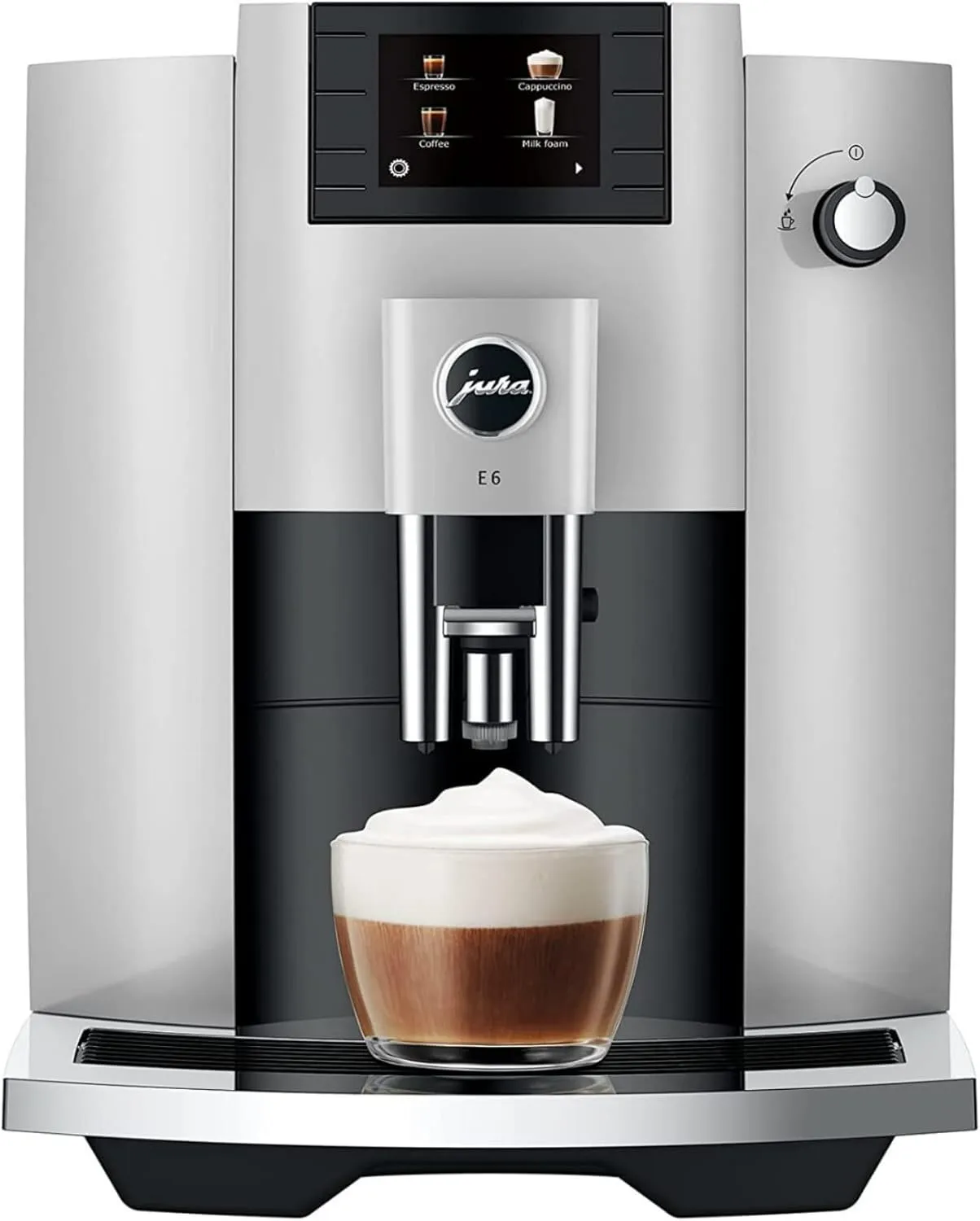 Jura E6 Automatic, Affordable Espresso Machine with Programmable Coffee Strength (Platinum) Bundle with Smart Filter Cartridge, Cleaning Tablets, Coffee Beans Bag, and Glass Milk Container (5 Items)