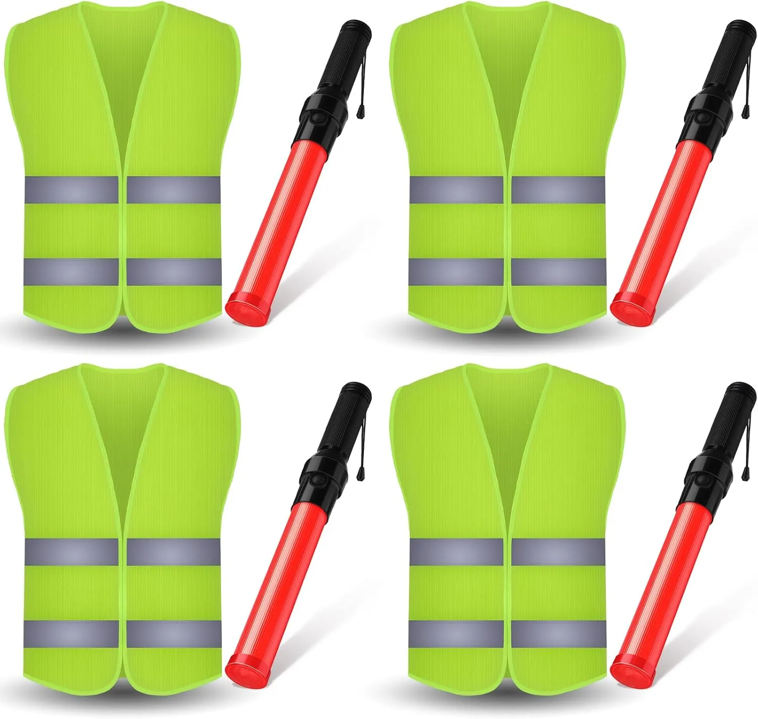 Kanayu 8 Pcs 16 Inch Signal Traffic Wand High Visibility Safety Vest Set Include 4 Reflective Safety Vest 4 Traffic Control Light Security Wands for Airport Parking(Neon Green)