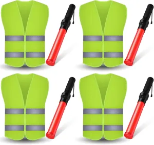 Kanayu 8 Pcs 16 Inch Signal Traffic Wand High Visibility Safety Vest Set Include 4 Reflective Safety Vest 4 Traffic Control Light Security Wands for Airport Parking(Neon Green)