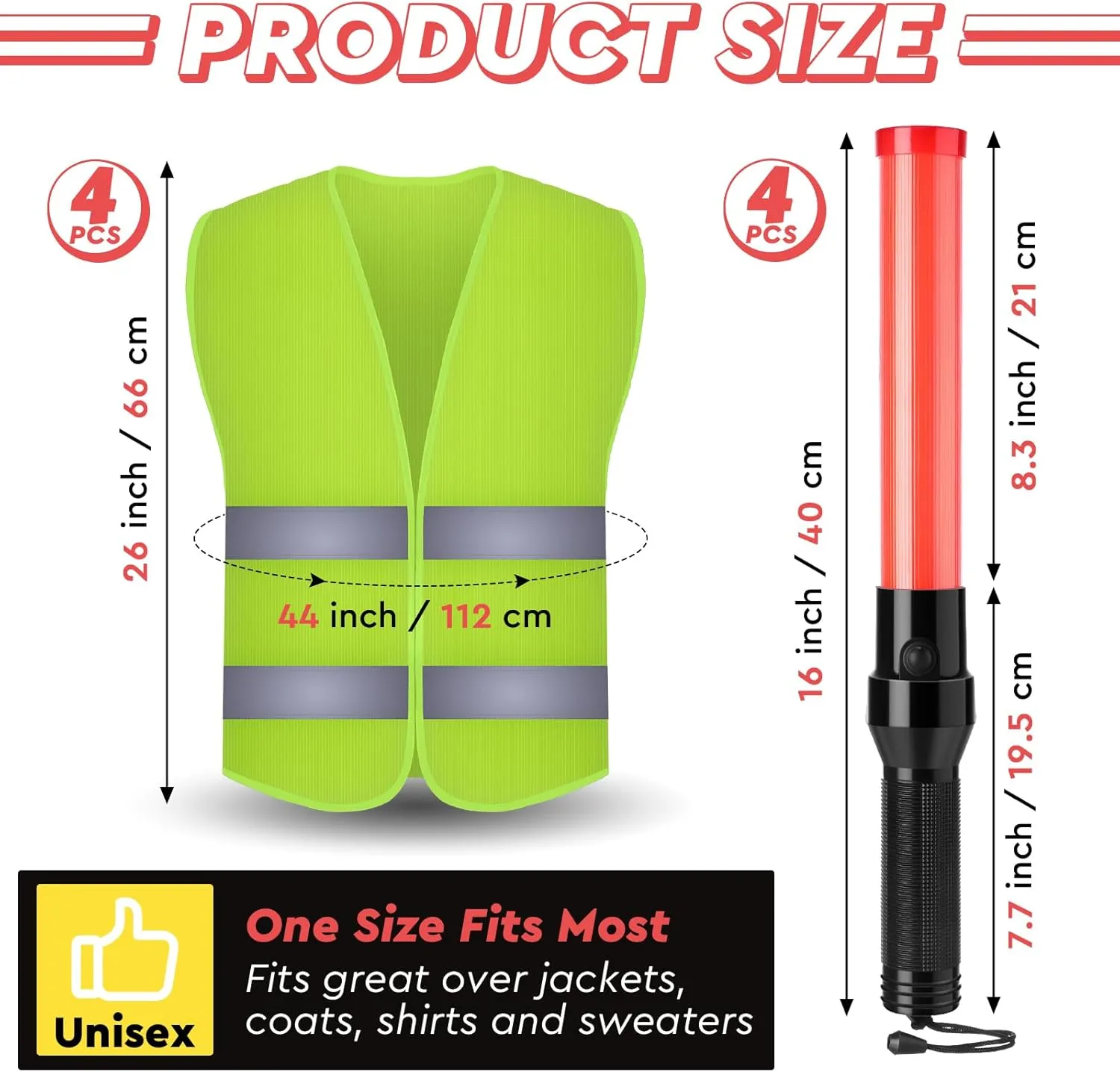 Kanayu 8 Pcs 16 Inch Signal Traffic Wand High Visibility Safety Vest Set Include 4 Reflective Safety Vest 4 Traffic Control Light Security Wands for Airport Parking(Neon Green)