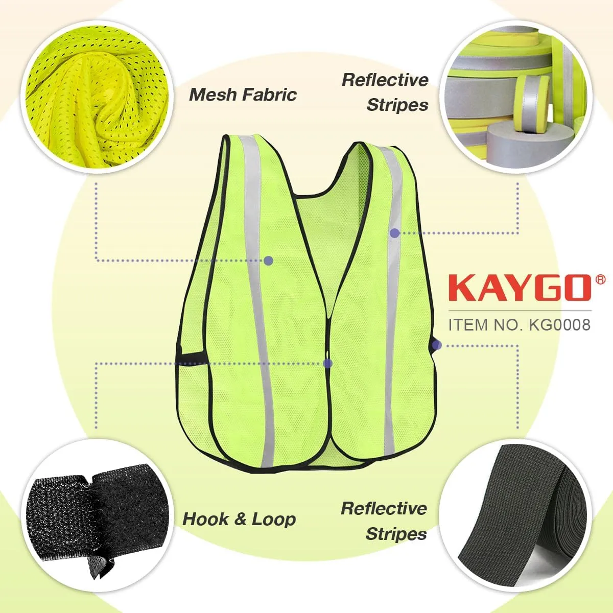 KAYGO Reflective High Visibility Safety Vest, KG0008-10 Silver Stripe, for Men and Women