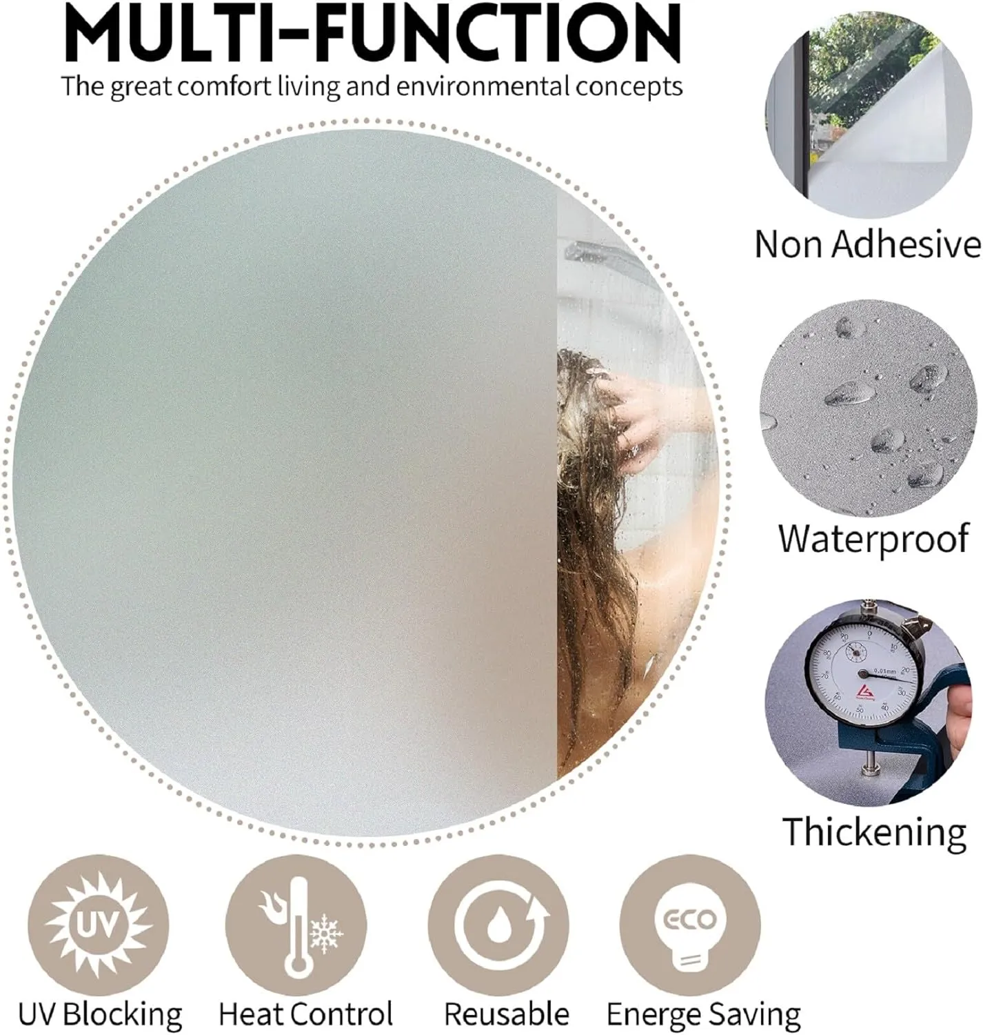 KESPEN Frosted Window Privacy Film Heat Control UV Sun Blocking Glass Stickers Static Cling Non Adhesive Door Coverings Decals for Bathroom Home Office, Frosted, 23.6 Inch X 6.5 Feet