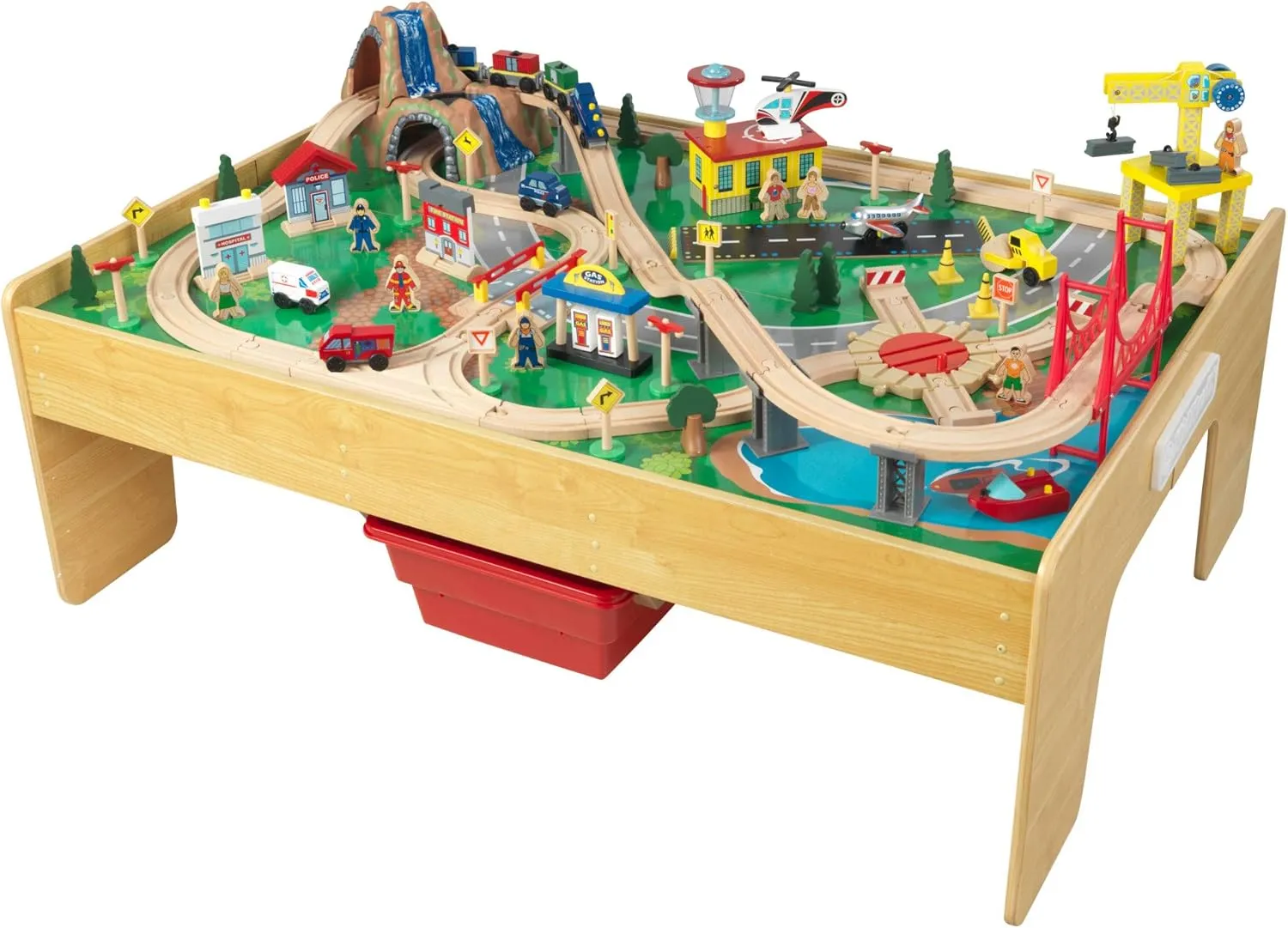 KidKraft Adventure Town Railway Wooden Train Set & Table with EZ Kraft Assembly™ with 120 Accessories and Storage Bins, Gift for Ages 3 