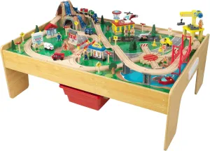 KidKraft Adventure Town Railway Wooden Train Set & Table with EZ Kraft Assembly™ with 120 Accessories and Storage Bins, Gift for Ages 3 