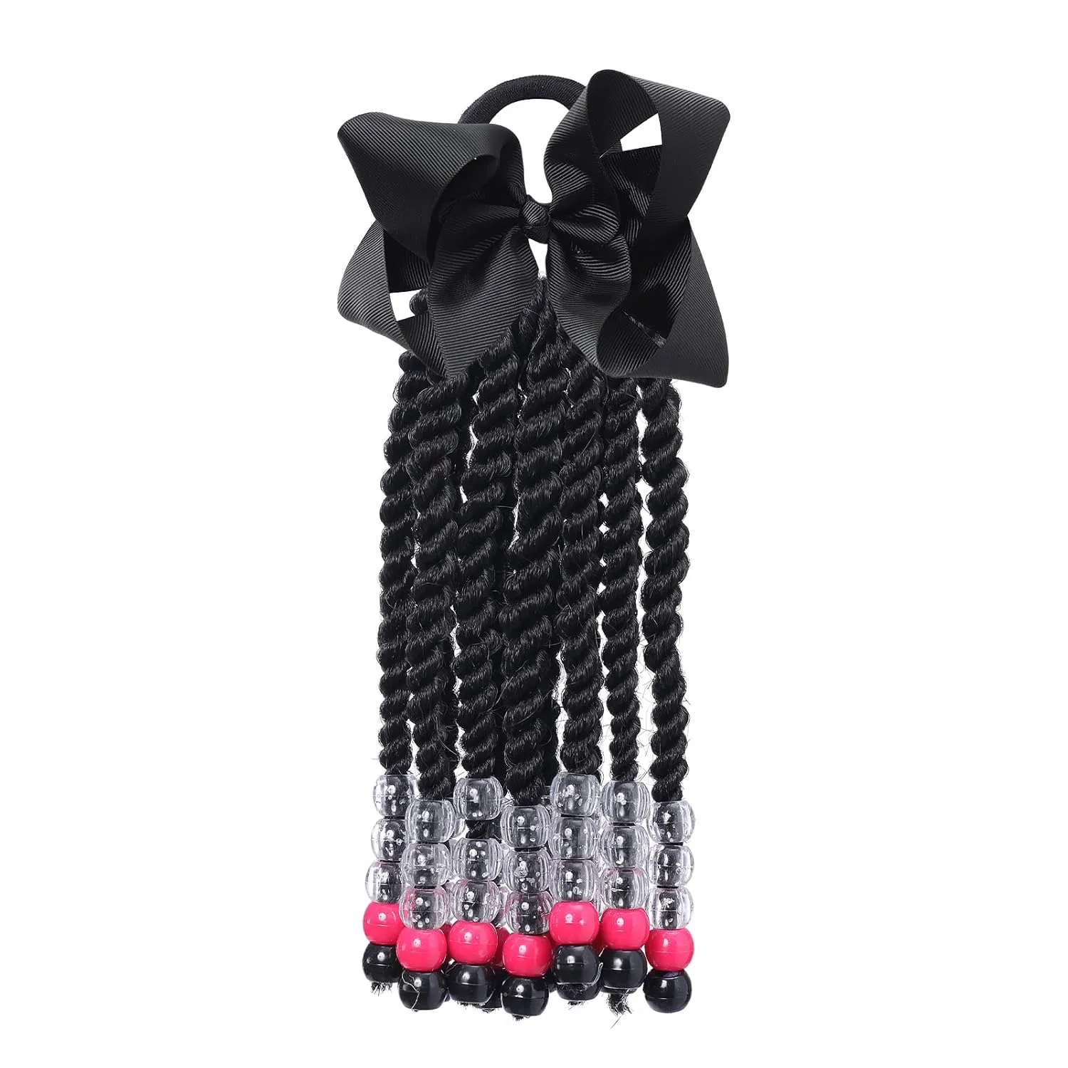 Kids Braid Ponytail Extension with Elastic Bowknot Tie Clip in Beads Braids Hair Extensions Braids Hair Extensions Wig for Children Girls Wigs with Bead Decoration Synthetic Hairpiece Black