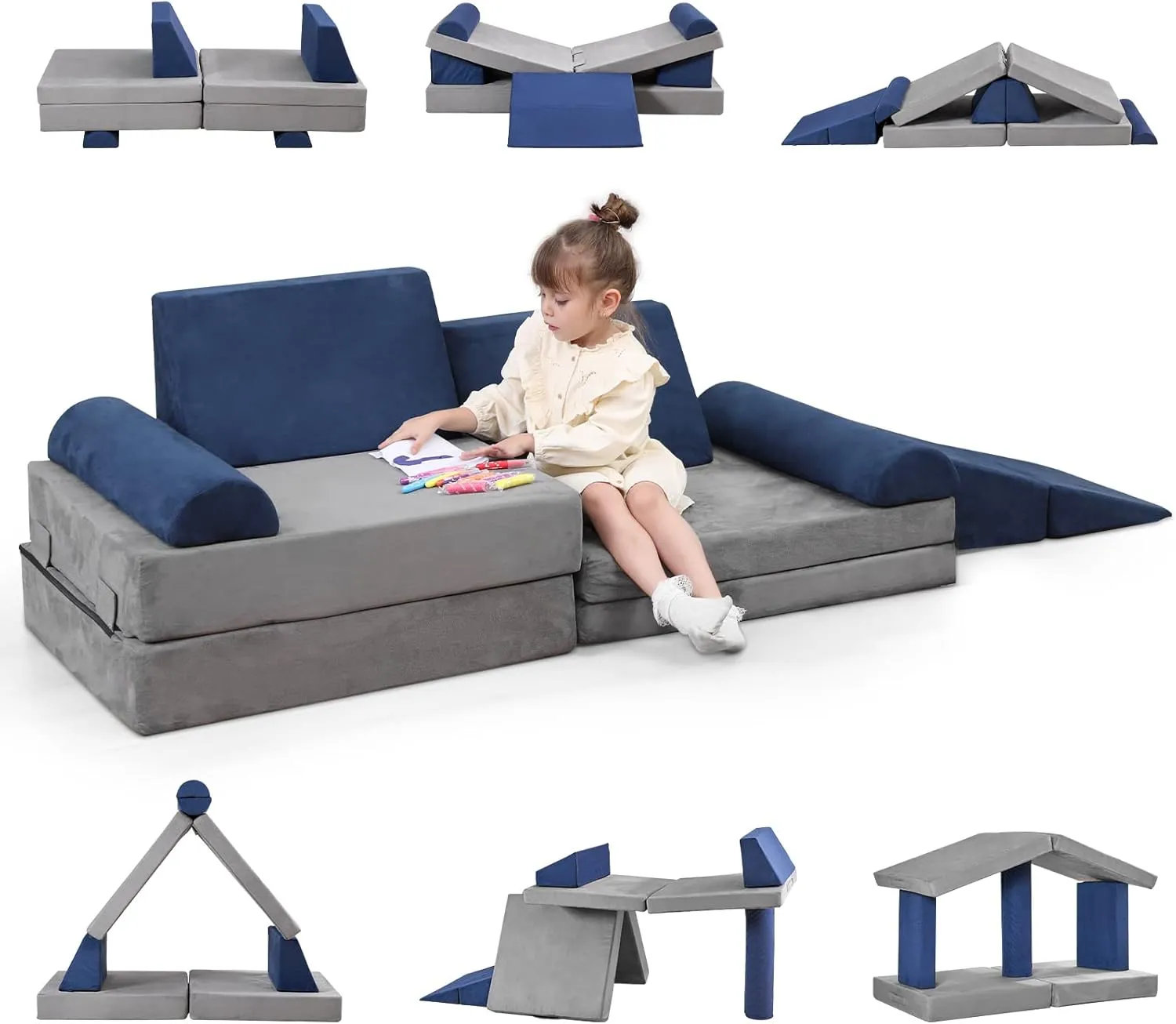 Kids Play Couch, 9 pcs Toddler Couch Sofa for Kids Imaginative Furniture Play Set for Creative Kids,Toddler to Teen Bedroom Furniture, Climbing Floor Cushion Foam Play Couch Indoor Outdoor