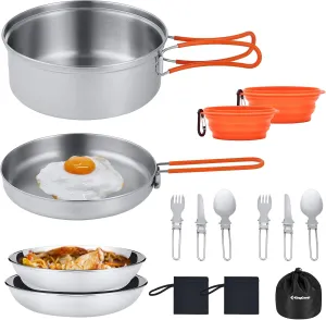 KingCamp 17/25pcs Stainless Steel Camping Cookware Mess Kit Camping Cooking Set Backpacking Gear Lightweight Pots and Pans Set with Folding Knife Fork for Camping Hiking Picnic