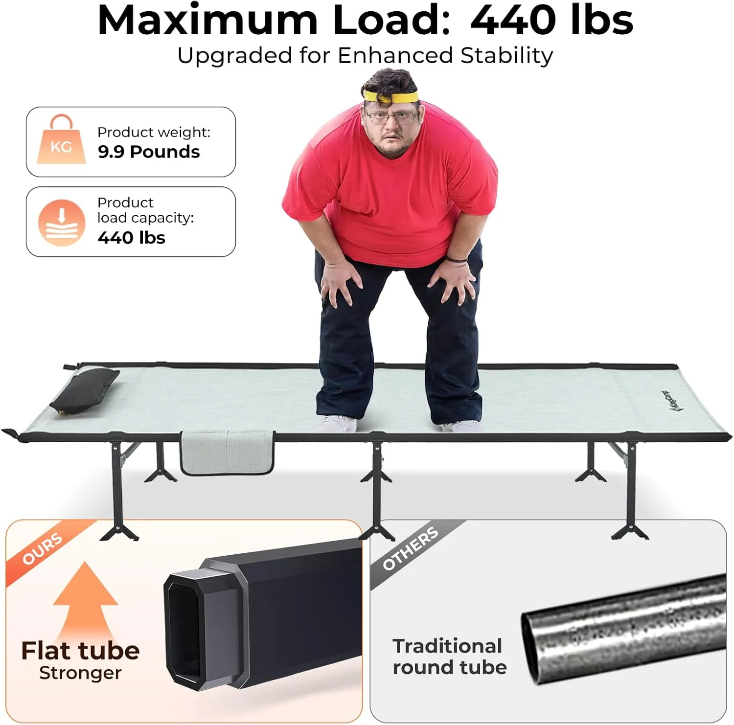 KingCamp Oversized Camping Cot, Folding 440lbs Heavy Duty Portable Lightweight Ultralight XL Large Wide Military Army Sleeping Bed for Adult Backpacking Outdoor Travel Tent Overlanding, Black/Grey
