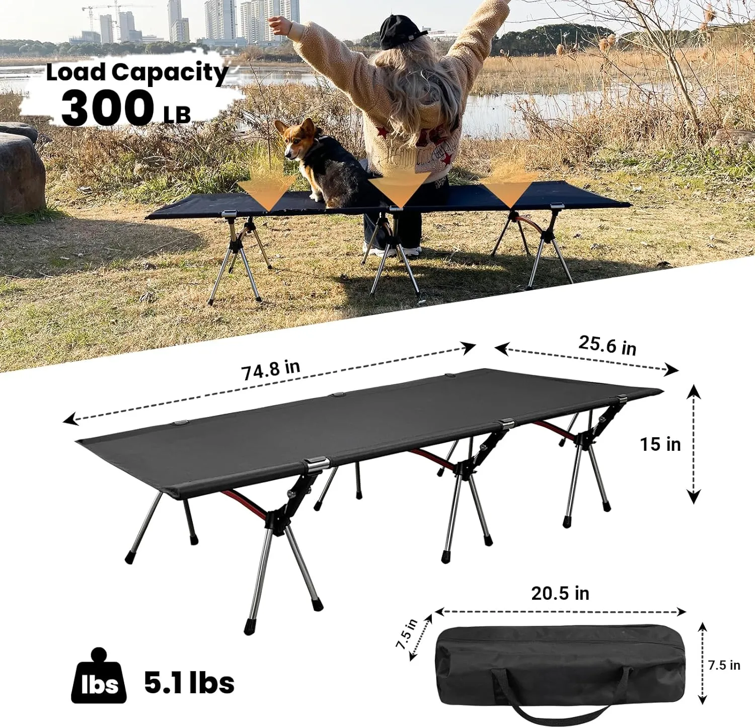 KINGROCK Camping Cot for Adults, Folding Camping Cot, Army Camping Cot, Lightweight Backpacking Cot Strong Support 330 Lbs, Tent, Outdoor, Hiking, Travel, RV, Beach