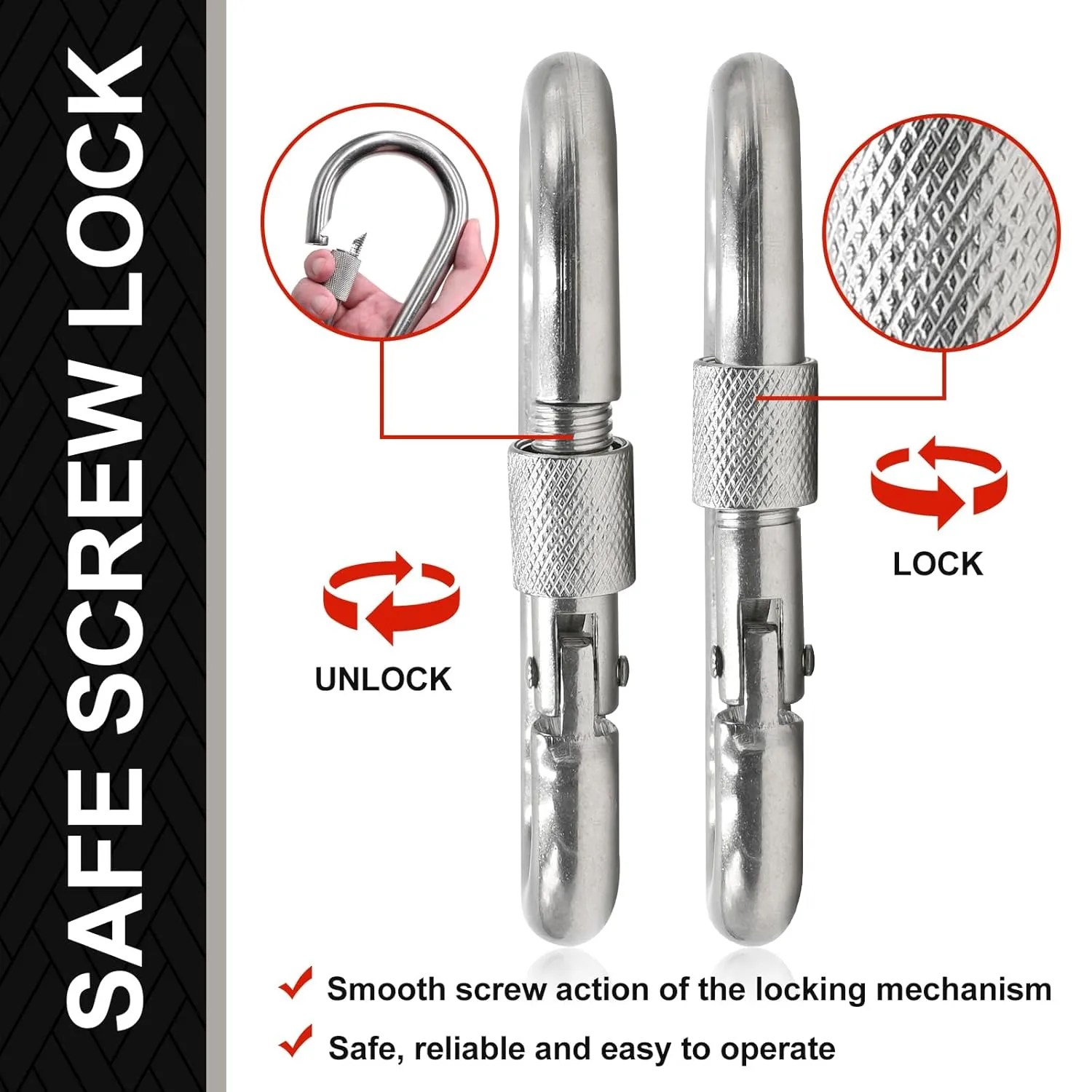 KINLINK 1 Pack Screw Locking Carabiner - 7.00 inch Heavy Duty Carabiner Clips, 304 Stainless Steel Large Caribiner for Camping, Swing, Hammock, Hiking,Weight Lifting Machine, Home Gym Equipment